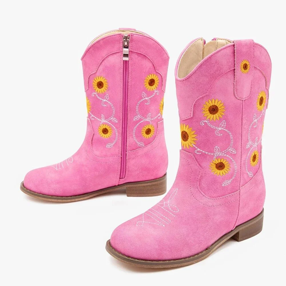 ⚡Girls Rose Pink Floral Embroidered Cowgirl Boots Western Square Toe Mid Calf